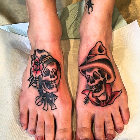Skeleton couple tattoo by Kc Carew at Gold Standard Tattoo in Bend, OR.