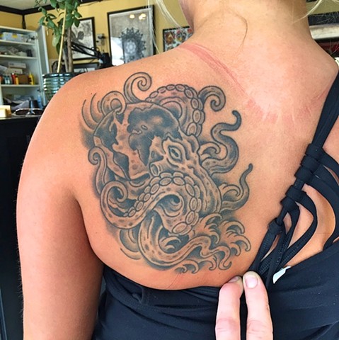 Octopus tattoo by Dirk Spece at Gold Standard Tattoo in Bend, OR.