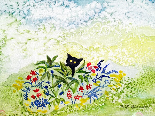 A black cat peers out from amidst garden flora and fauna.