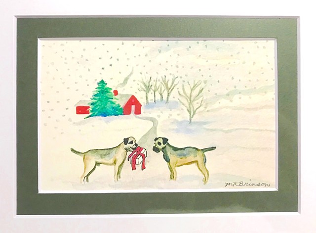 Two Border Terriers exchange Christmas gifts on a snowy day.