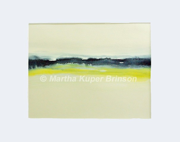 Yellow and gray horizontal watery lines in this watercolor giclee print form an abstract mountain lake scene.