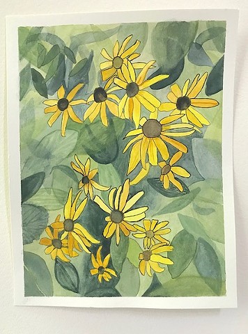 A bunch of little Rudbeckis / Black-eyed Susans with green leaves by Martha Kuper Brinson