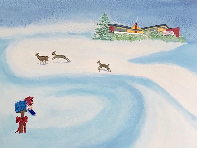 Three deer go bounding across the snowy hill.