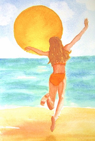 In this watercolor giclee print, a young girl with long hair dances under a bright sun on a beach in front of an aqua ocean.
