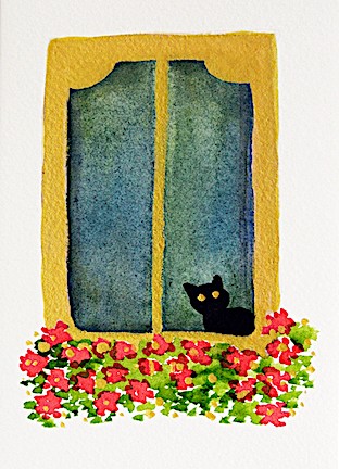 A black cat peers out from behind a golden-painted window 