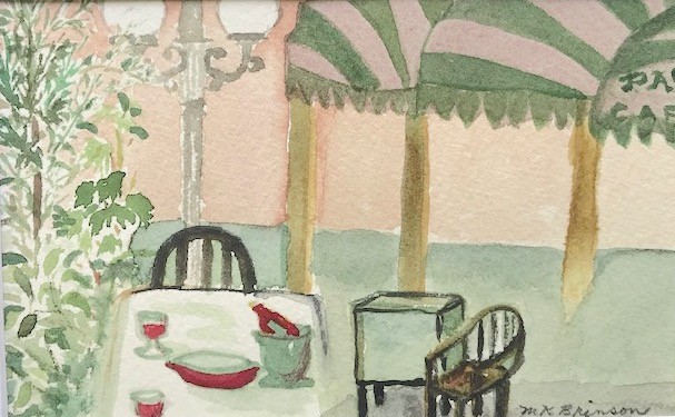 Red wine, white tablecoths, and striped green awning set the scene for lunch on the piazza in Florence, Italy.