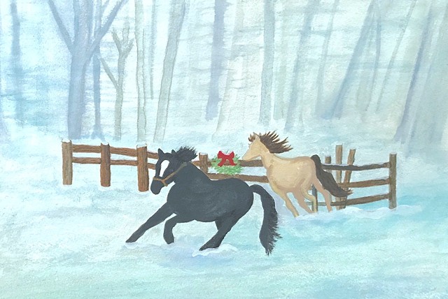 Two horses frolic in the icy blue snow of December.