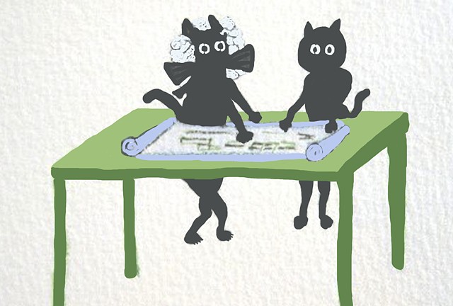 Two black cats stand at a table examining blueprints.