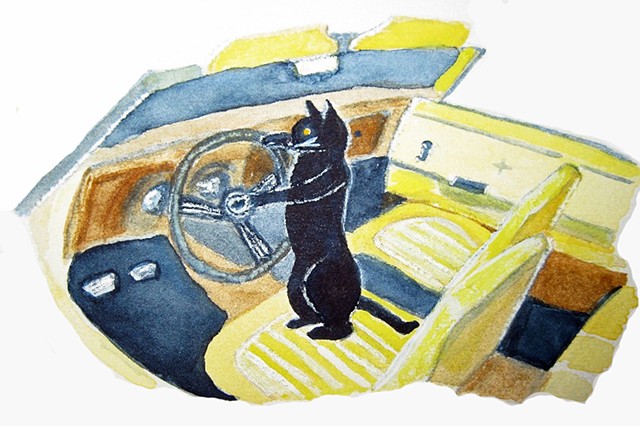 A black cat drives a yellow 1969 Camaro convertible.
