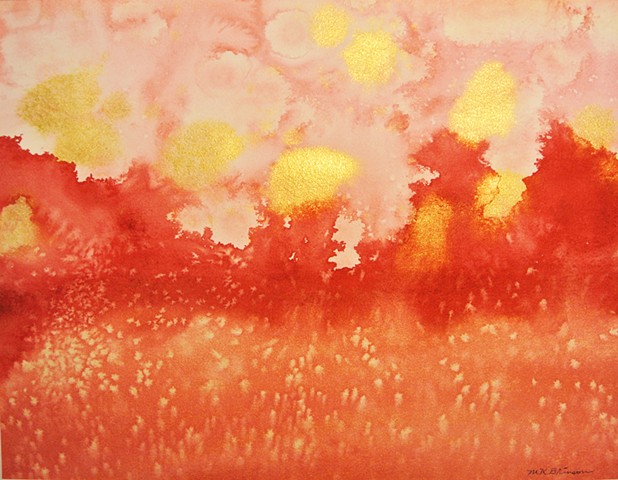 Rose-pink waves below gold circles make up this original abstract painting.