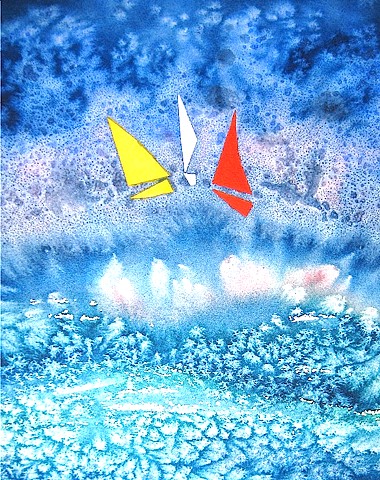 Three boats compete in a regatta on a frothy ocean.