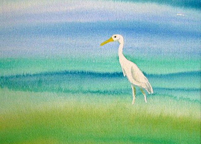 This egret heron art is a watercolor giclee print in shades of aqua blue and green.  