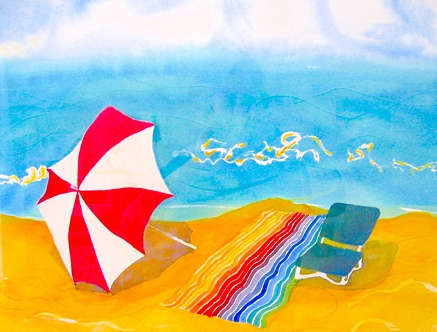 A colorful striped beach blanket rests beside a large red and white beach umbrella with teal chair.
