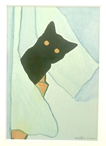 A black cat peers from behind a curtain.