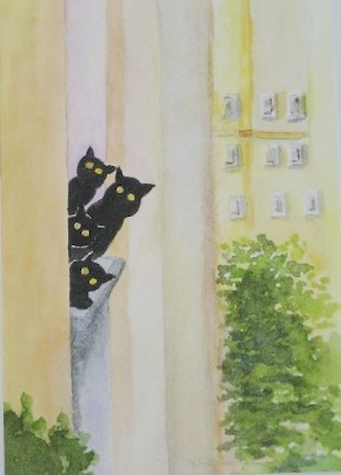 Several black cats look out a high rise window