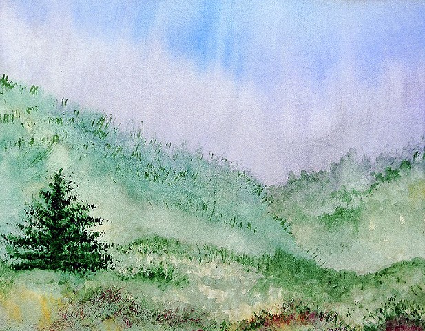An evergreen stands amidst a misty mountain meadow in greens and blues.
