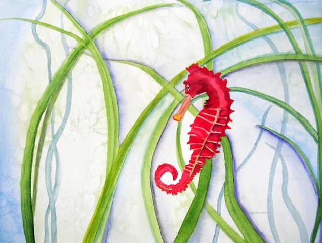 This is a giclee of my original watercolor painting, "Seahorse Among Sea Grasses," of a beautiful red seahorse swimming among swirling green sea grasses.