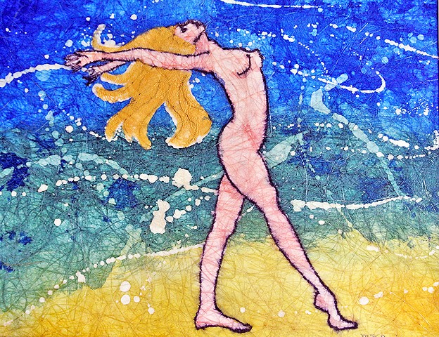 A golden-haired girl dances nude on the beach at midnight