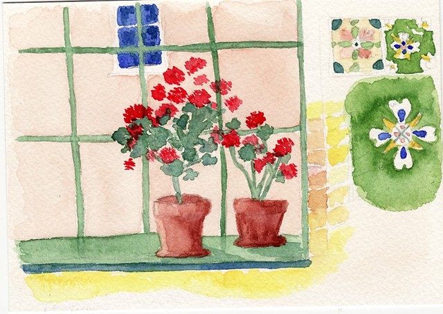A view out the window shows potted geraniums flanked by handmade tiles.
