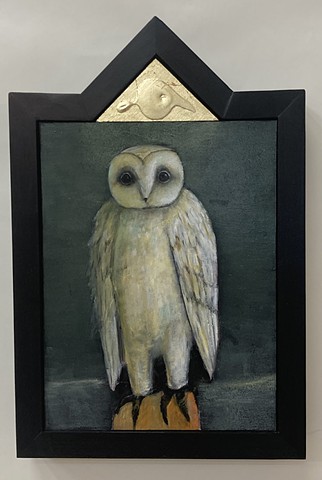 Treacy Ziegler, sentry at night, owl, oil on panel, painting, woman artist, deer isle, maine