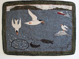 MaryAnn McKellar, Wool hooked rug, terns, nautical birds, deer isle maine, hooking, fine craft, woman artist