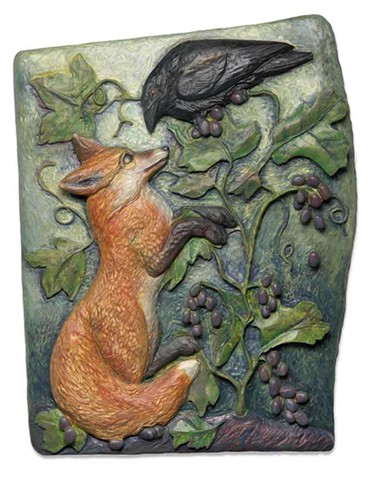 Rebekah Raye, fox and crow, wood carving, woman artist, deer isle maine