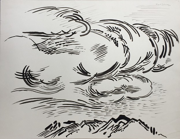 Karl Schrag, clouds above the mountain, ink drawing, print maker, The Turtle Gallery, Deer Isle, Maine, Stonington, Blue Hill, Bar Harbor