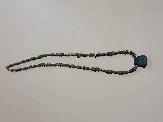 Teal Djenne and ancient bronze beads with a green jasper stone pendant (1200-1500 AD) (25014)
