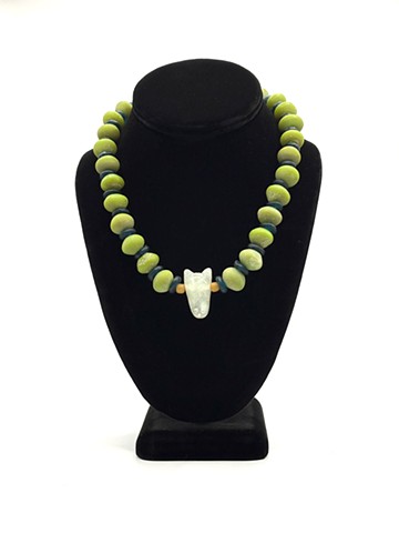Javanese recycled glass, ochre African recycled glass, teal Ashanti beads / Sassanian horse pendant, rock crustal