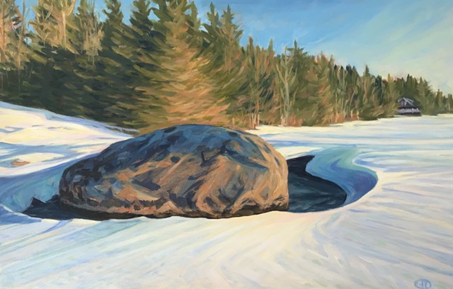 Galen Davis, Winter pond summmer house, snow drift, painting, woman painter, Deer Isle, Maine, Stonington