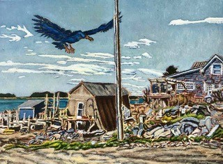 Jeff Loxterkamp, Thunderbird over jonesport, oil on canvas, bird, nautical, marina, deer isle maine gallery