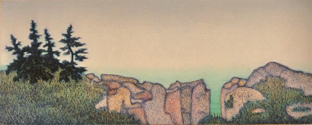 James Groleau The cliffs at little moose printmaker prints mezzotint artist Turtle Gallery Deer Isle Maine