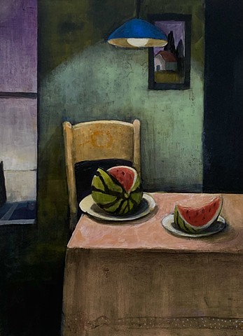 Treacy Ziegler, Thoughts I have of you, watermelon, oil on panel, painting, woman artist, deer isle, maine