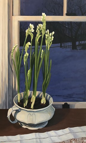 Galen Davis, Winter Light, flowers, Interior, painting, woman painter, Deer Isle, Maine, Stonington