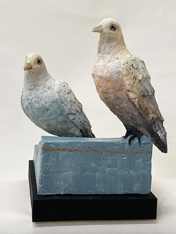 Treacy Ziegler, the couple, pigeons, concrete sculpture, woman artist, deer isle, maine