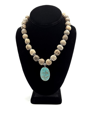 Dark green serpentine, fossilized Pleistocene dinosaur beads / Ancient Roman turquoise and plated silver