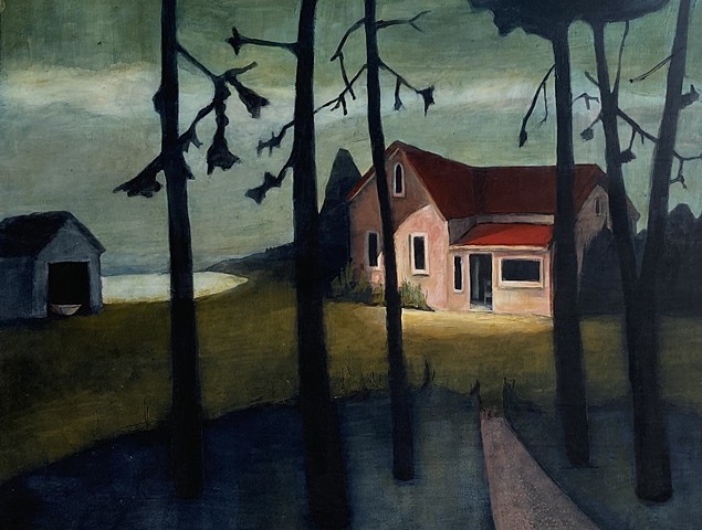 Treacy Ziegler, through the woods and into the sea, oil on panel, woman artist, deer isle, maine