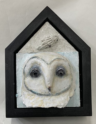 Treacy Ziegler, owl, relief sculpture, concrete, outdoor wall, woman artist, deer isle, maine