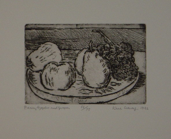Karl Schrag, pears apples grapes, etching, still life, printmaker, Turtle Gallery, Deer Isle, Maine, Stonington, Blue Hill, Bar Harbor