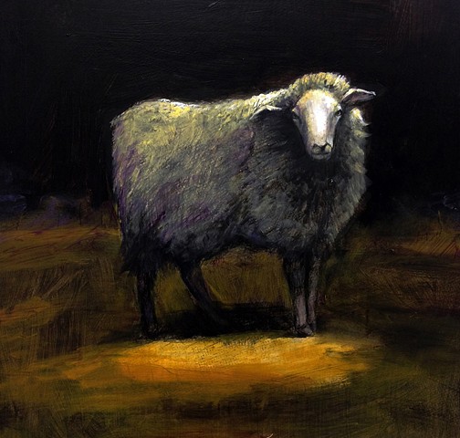 Treacy Ziegler, on the moors, sheep, oil on panel, painting, woman artist, deer isle, maine
