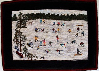 MaryAnn McKellar, Wool hooked rug pond skating, deer isle maine, hooking, fine craft, woman artist