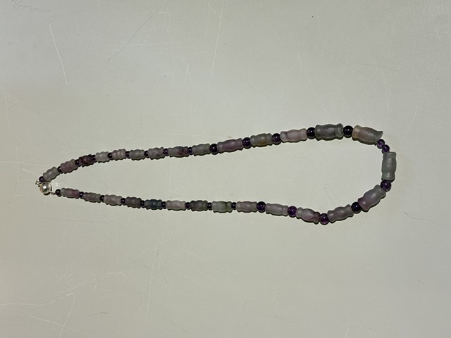 Ancient Roman purple-marbled opaque glass charms with amethyst spacer beads (25005)