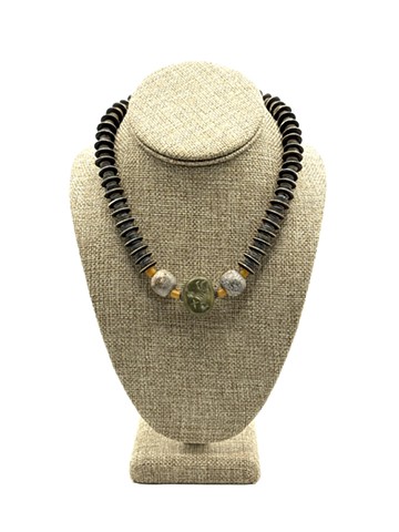 Ochre recycled African glass beads, Pleistocene fossilized dinosaur beads, yak bone, green serpentine beads / Sassanian Intaglio Bead