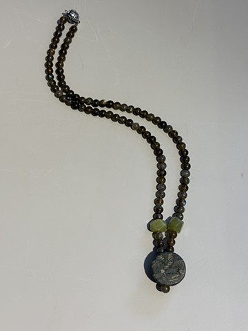 Green labradorite with olive jade accent beads and a serpentine Sassanian mythical amulet (25032)