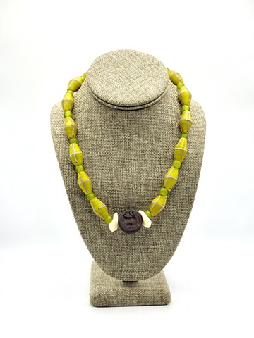 French cross beads, recycled Javanese lime glass, camel bone / Serpentine Sassanian intaglio bead  (+/- 450 AD)