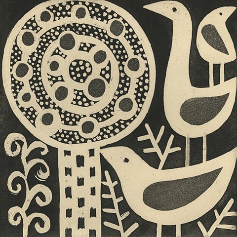 Lisa Houck, family of three, birds, etching, portland artist, woman artist, deer isle maine