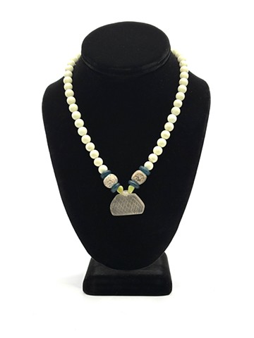 Lemon Chrysoprase, olive jade, teal Ashanti beads, fossilized dinosaur beads (Pleistocene) / Sassanian crystal rock good luck talisman