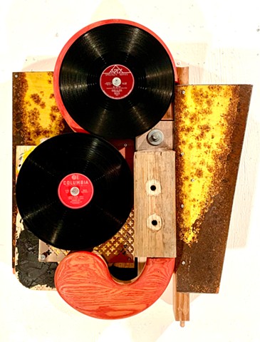 assemblage mixed media recycled materials vinyl records