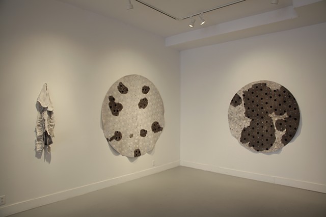 Art installation of shaved and cut cowhides and calfskins