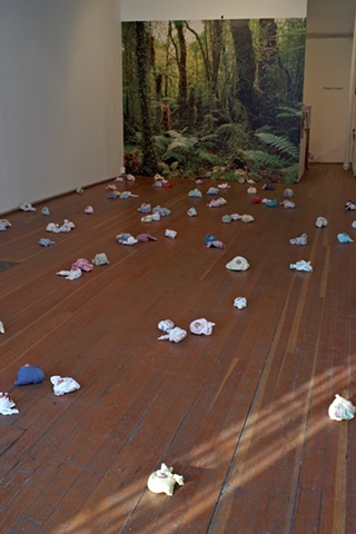 individually modeled, walnut-sized clay heads, wrapped in baby sleepers and arranged on  gallery floor with rain forest photo mural 